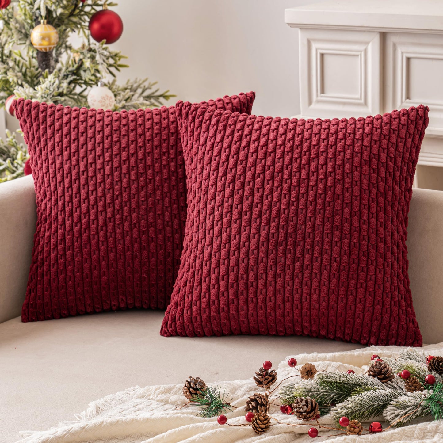 MIULEE Pack of 2 Decorative Throw Pillow Covers 18x18 Inch Soft Boho Striped Textured Corduroy Pillow Covers Modern Farmhouse Home Decor for Couch Bed Sofa Living Room Cream White