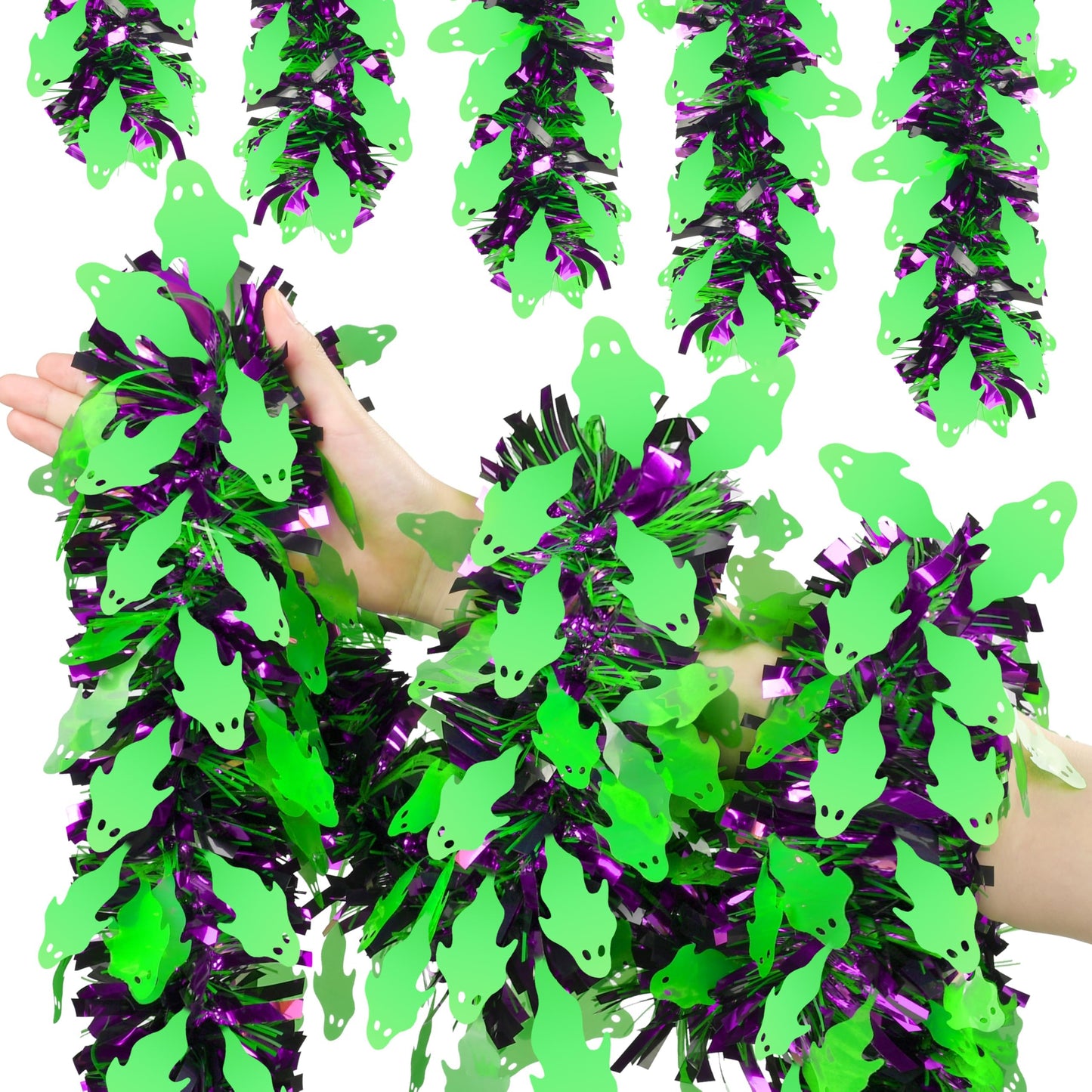 50 FT Halloween Tinsel Garland, Thick Glitter Tinsel Garland Hanging Streamers Green Ghost Metallic Holiday Tinsel Hanging Oranment for Halloween Party Supplies Indoor Outdoor Decoration
