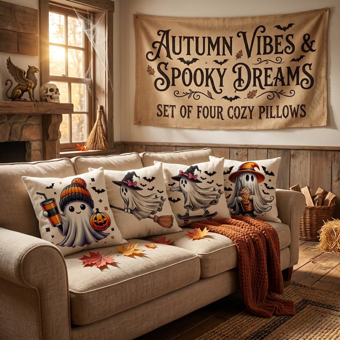 Fall Halloween Thanksgiving Pillow Covers 18x18 Set of 4, Faux Linen Polyester Decorative Throw Pillow Cases for Harvest Home Sofa Couch Bed Decor (CuteGhost)