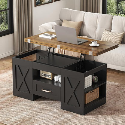 kepptory 39.4'' Lift Top Coffee Table with Storage, 4 in 1 Multi-Function Convertible Coffee Tables for Living Room, Farmhouse Coffee Table with Open Storage Compartment & Drawers (Brown&Black)