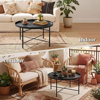 HOMCOM 24" Round Coffee Table with Hammered Tray Top, Vintage Metal Center Table for Living Room, Bedroom, Side Table, Black