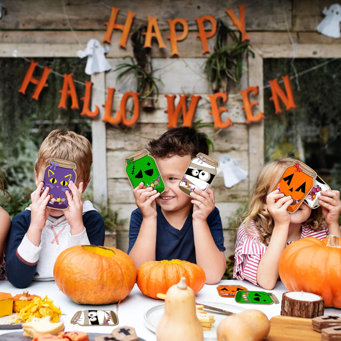 SHIEL-EVEN 50 Pack Halloween Mason Jar Candy Cards for Kids Classroom - School DIY Trick or Treat Bags, Halloween Candy Cards with Clear Bags, Holiday Gifts for Classroom Kids