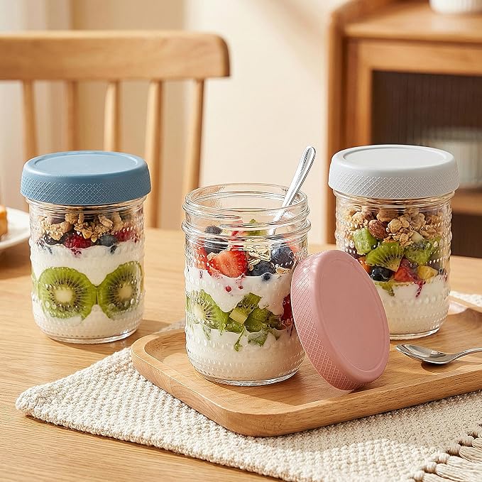 WACOI Overnight Oats Containers 16oz with Lids, 6 Pack Wide Mouth Mason Jars with Airtight Lids, Glass Food Storage Containers for Pickling, Fermenting, Snacks, Salad, Yogurt, Spice