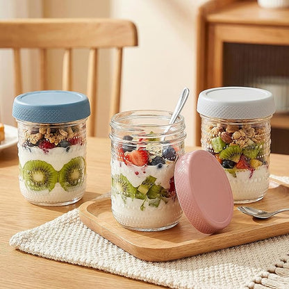WACOI Overnight Oats Containers 16oz with Lids, 6 Pack Wide Mouth Mason Jars with Airtight Lids, Glass Food Storage Containers for Pickling, Fermenting, Snacks, Salad, Yogurt, Spice