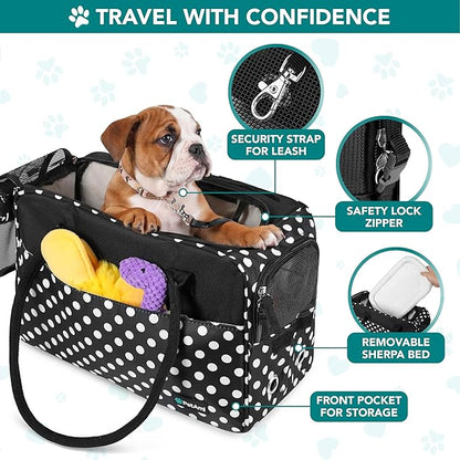 PetAmi Dog Purse Carrier for Small Dogs, Airline Approved Soft Sided Pet Carrier with Pockets, Ventilated Dog Carrying Bag for Puppy Cat, Dog Travel Supplies Bag, Sherpa Bed, Max 12 lbs, Polka Dot