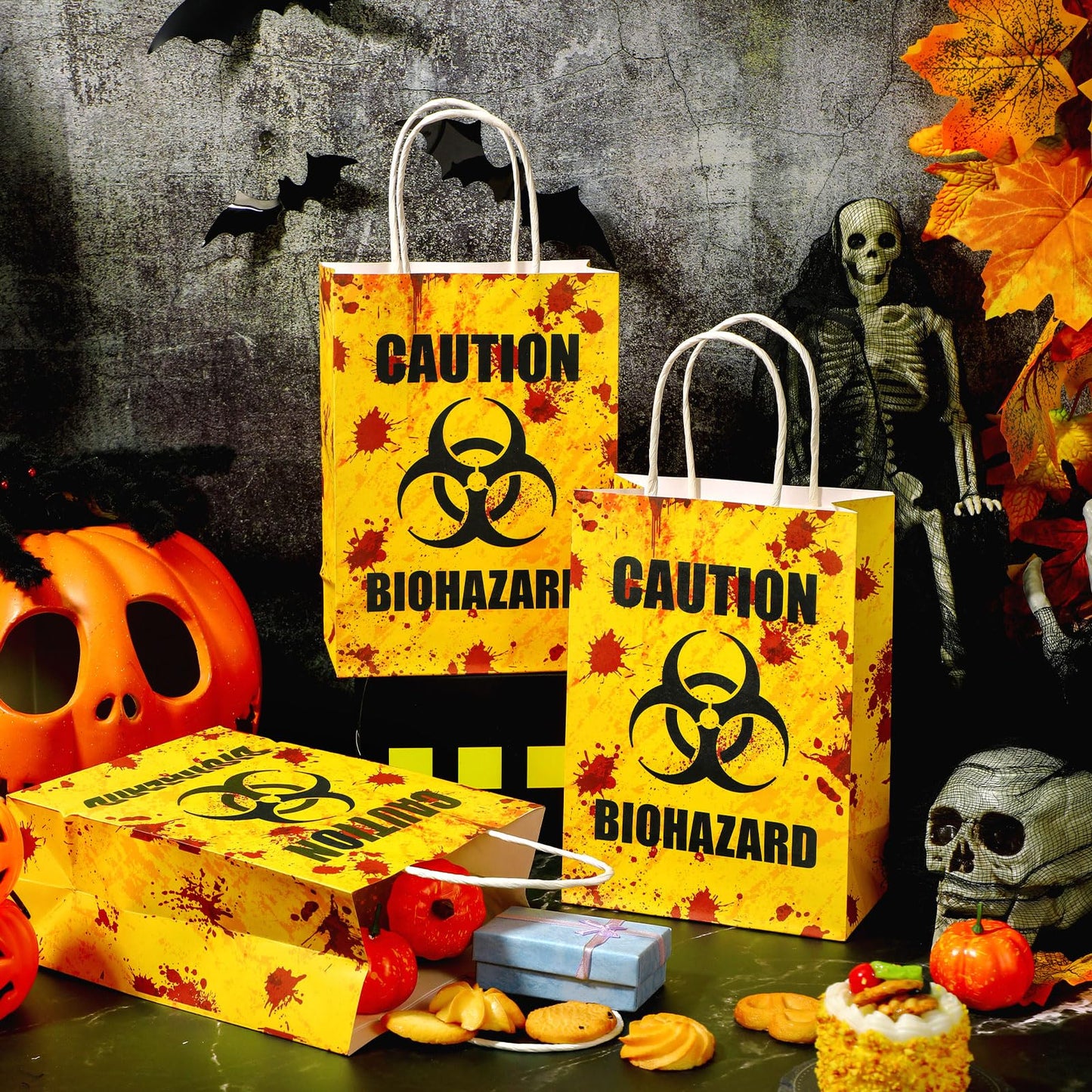 TaoBary 24 Pcs Halloween Biohazard Treat Bags Halloween Paper Gift Bags with Handles Zombie Theme Horror Party Favors for Candy Goodie Snacks Holiday Party Supplies