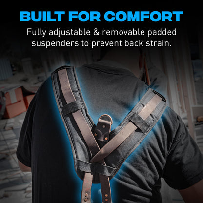 OX Pro Oil Tanned Leather Tool Belt with Padded Suspenders Leather Carpenter Tool Belt with Suspenders and Pouches Dual Hammer Holsters for Men - Morrales Para Carpintero