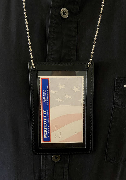 Neck Chain Double Sided ID Holder with 2 Clear Picture ID Windows, Leather Badge for Credential Pass to Wear Around The Neck for Police Law Enforcement, Business, Factory Worker (Black) (Vertical)