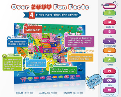 Bilingual Interactive for Kids Talking USA Map Dinosaur Poster for Kids Learning and Educational Toys,Talking Educational Dinosaur Toy for Ages 3 to 12 Years Old,Learning Chart for Preschool/Gift