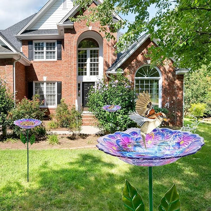 Glass Bird Baths for Outdoor, Garden Birdbath Bird Feeders Hydrangea Decor Birdfeeder with Metal Stake for Garden, Yard, Lawn, Courtyard