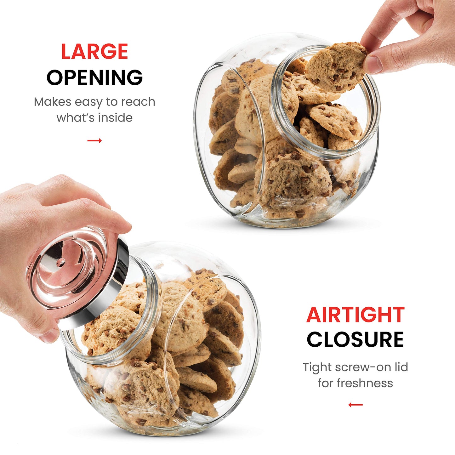 Bormioli Rocco Pandora Glass Candy Jar 75½-Ounce Cookie Jar (2 Pack) with Plastic Airtight Seal Lid 2-Way Display, Bulk-Food Storage Jar for Snacks, Dry Food, Jelly Beans Canister, Apothecary Jars.