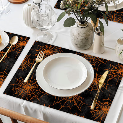 Spider Web Placemats Set of 6,Halloween Dinner Table Mats Non-Slip Washable Mats for Kitchen Dinner Party Tablemat 12x18Inch