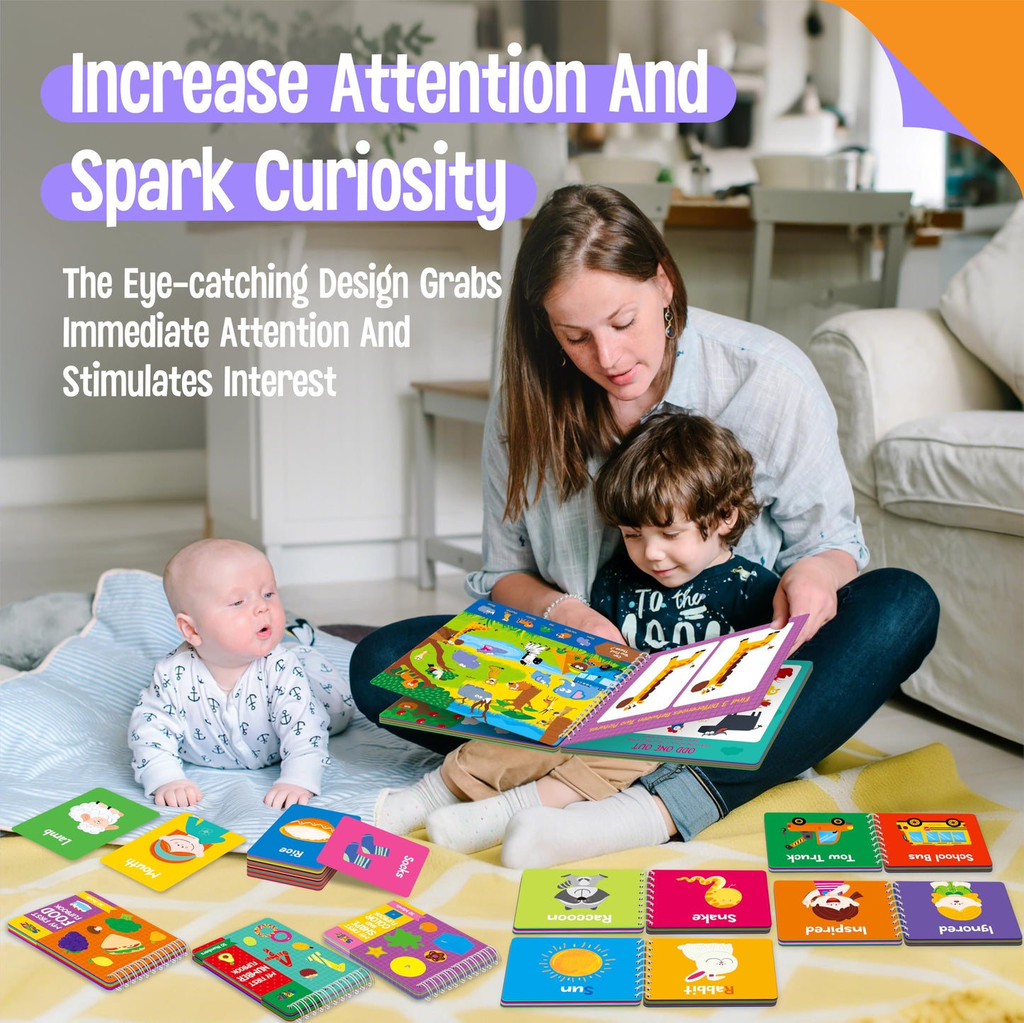 Kids Learning Flipbooks, 8 Board Books & 50 First Word Cards - Alphabet, Numbers, Colors, Shapes, Emotions, Animals, Vehicles & Fun Games Activities, Early Educational Learning Tool For Kids, Children