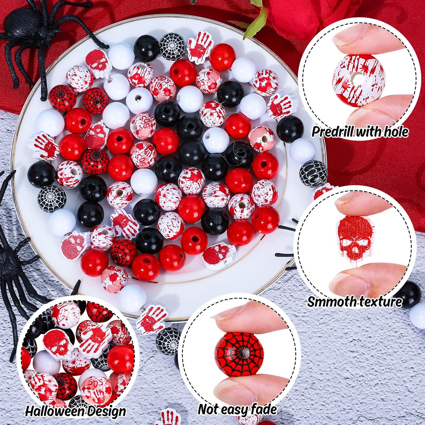 Whaline 130Pcs Halloween Wood Beads 16mm Bloody Trick or Treat Wooden Beads Spider Web Craft Spacer Bead for Necklace Bracelet Jewelry Making DIY Decor, Red Black White