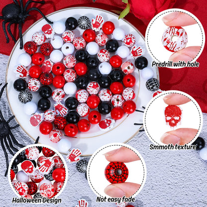 Whaline 130Pcs Halloween Wood Beads 16mm Bloody Trick or Treat Wooden Beads Spider Web Craft Spacer Bead for Necklace Bracelet Jewelry Making DIY Decor, Red Black White