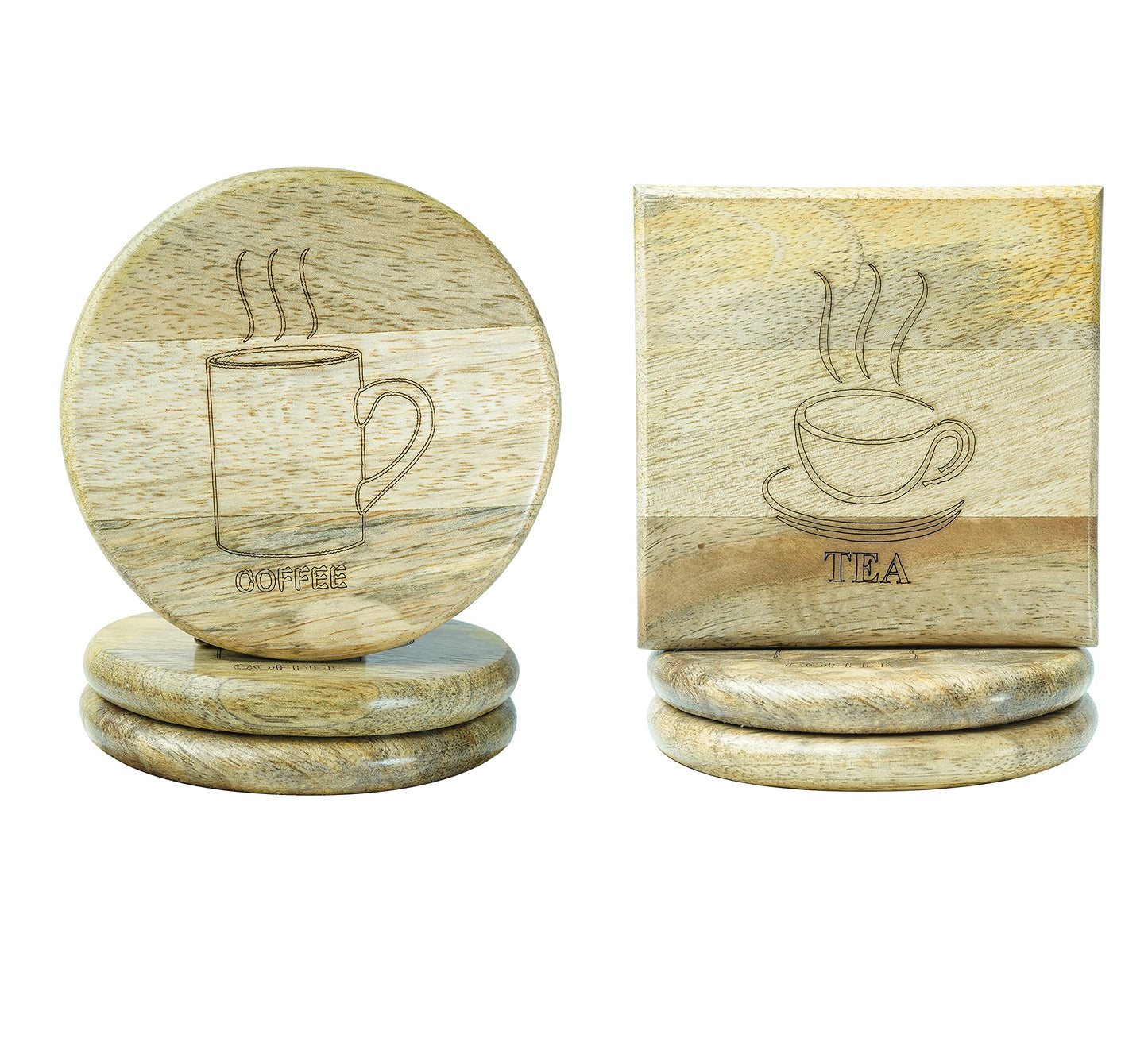 Wooden Coaster for Coffee Cups Glass & Can Table Decor | Wooden Coaster Set of 6 | 3 Round Coffee & 3 Square Tea Style Coaster Set | Handmade Design for Mug & Cup