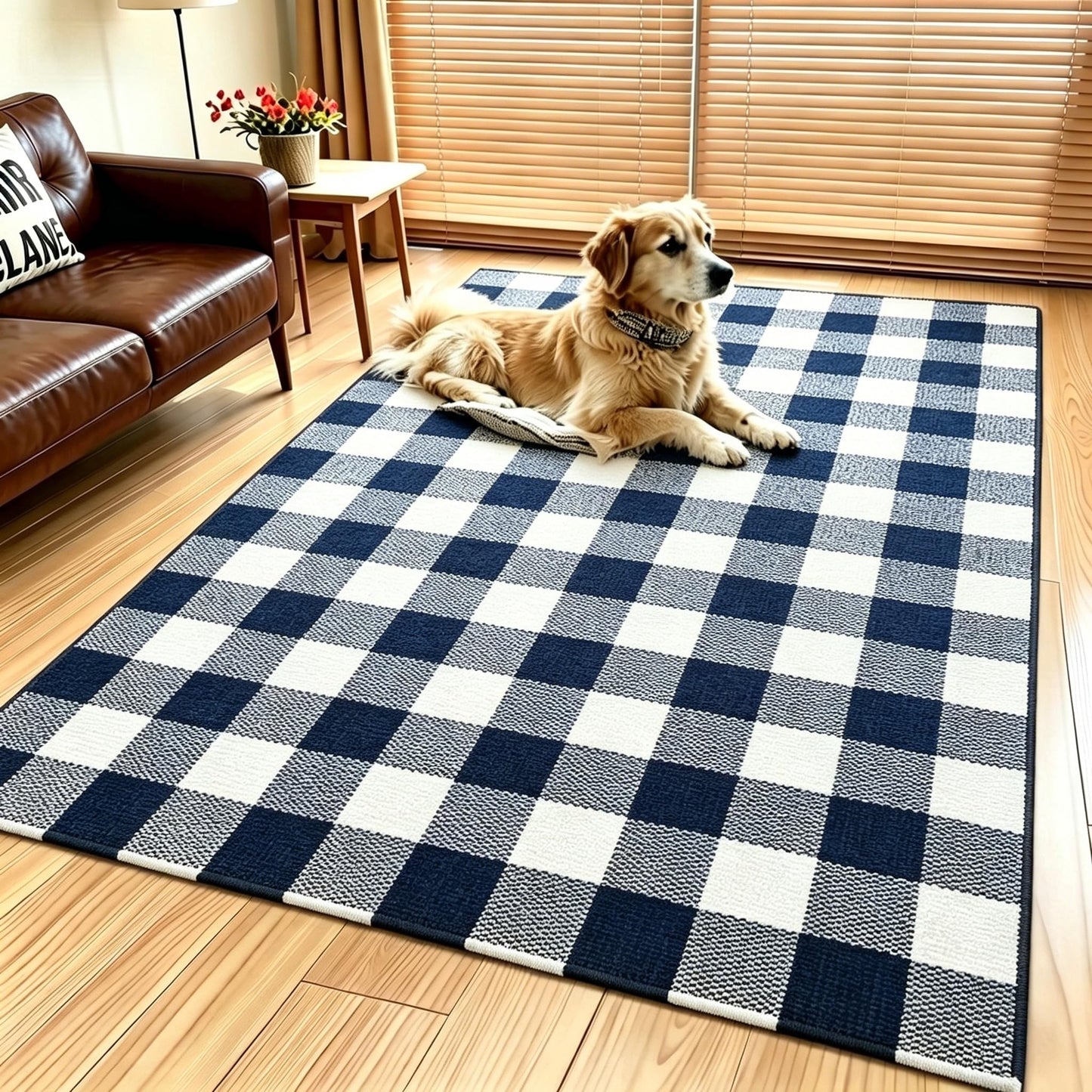 MUBIN Cotton Buffalo Plaid Rug, 4' x 6' Navy Blue White Outdoor Rug Decorative Mat, Washable Large Doormat Hand-Woven Foldable Area Rug for Outdoor Patio Indoor Living Room Dining Room Kitchen