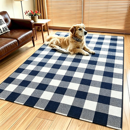 MUBIN Cotton Buffalo Plaid Rug, 4' x 6' Navy Blue White Outdoor Rug Decorative Mat, Washable Large Doormat Hand-Woven Foldable Area Rug for Outdoor Patio Indoor Living Room Dining Room Kitchen