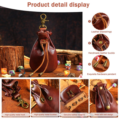 CHULEAG Vintage Medieval Drawstring Belt Pouch, FULL-GRAIN Leather, handmade, portable coin&dice purse with keychain. (small)