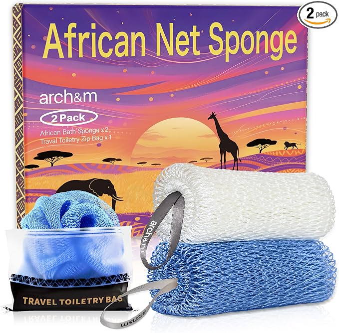 ARCH&M Authentic African Net Sponge with Knots 53", 2 Pack | Exfoliating Bath & Shower Loofah, Daily Use, Extra-Long Back and Body Scrubber, For Women and Men