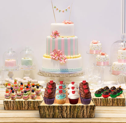 Gift Boutique Wood Look Cake Stand Holder Set of 3 Square Cardboard Dessert Display Stands 8 10 12 Inch Tree Slice Bark Base Cupcake Tray for Wedding Table Decor