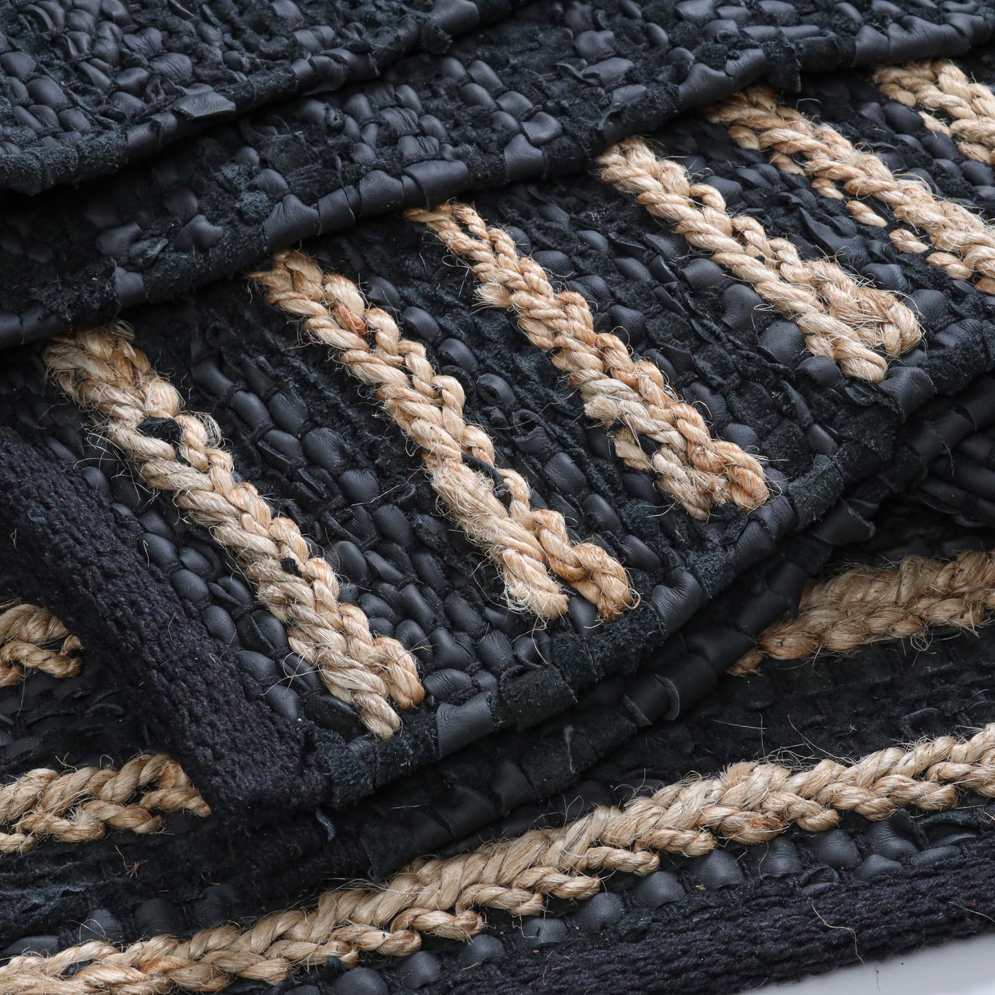 RIANGI Leather/Jute Rug 3'x5' Ft Rectangular Boho Handwoven Farmhouse Braided Rustic Vintage Black Area Rug for Living Room Kitchen Bedroom Hallways Enterways