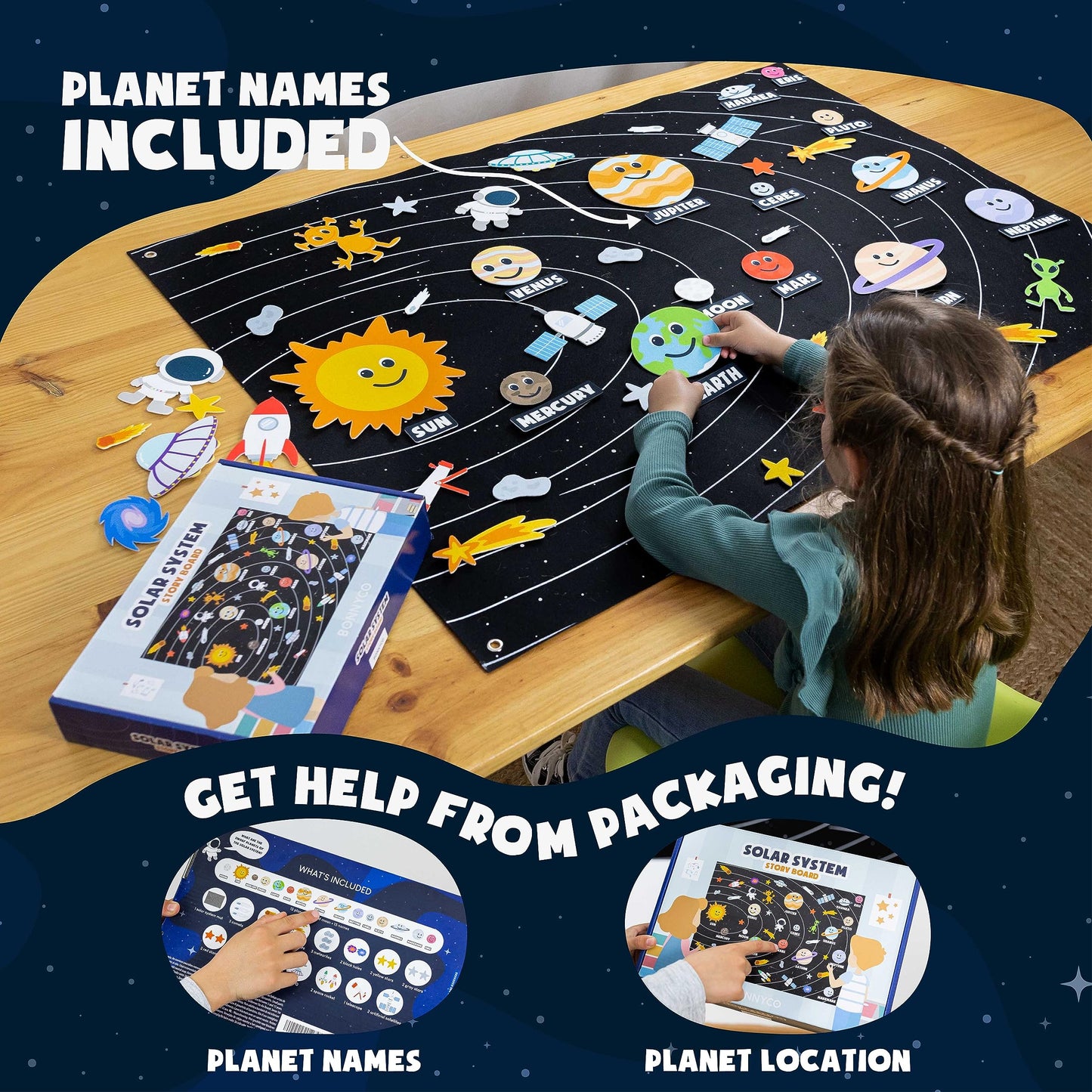 BONNYCO Solar System for Kids Toys with 61 Felt Figures. Space Montessori Toys, Girls Boys Birthday Gifts Planets. Felt Board for Toddlers Story, Educational Kids Gifts 3 4 5 6 7 8 Years, Christmas