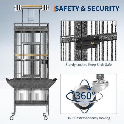 61" Extra Large Bird Cage with Rolling Stand & Play Top - Wide Metal Parrot Cage for Macaws, Cockatoos, Conures, Parakeets, Lovebirds, Includes Bowls