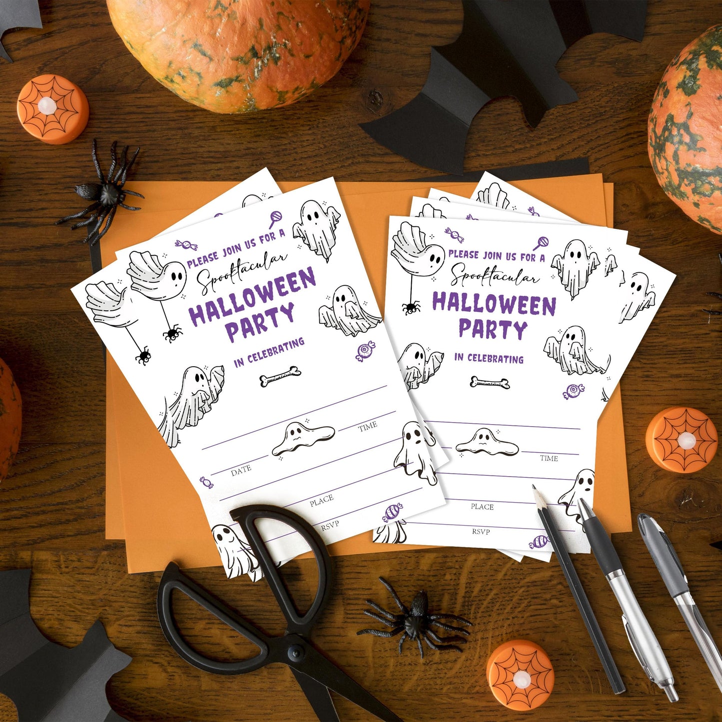 SIXEIGHT Purple Halloween Party Invitations, Cute Ghost Halloween Invitations for Boys Girls, 25 Pack Purple Invite Cards with Envelopes, Wedding Birthday Baby Shower Party Decorations-E06