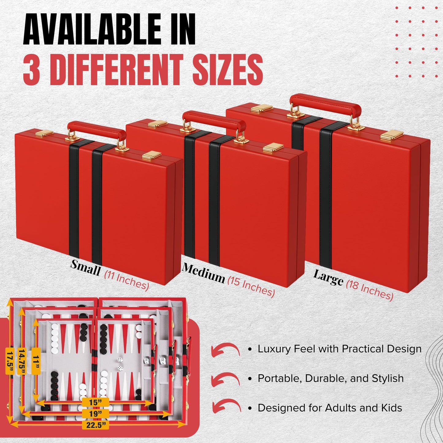 Premium Backgammon 18 Inches Large Red - Backgammon Sets for Adults and Kids - Leatherette Back Gammon Board Game Set - Travel Backgammon Set Board Encased with Accessories
