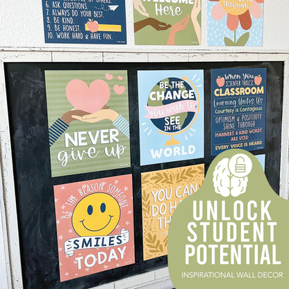 Hadley Designs Motivational Poster for Classroom Decor - 9 Growth Mindset Classroom Posters Elementary, Inspirational Wall Decor Middle School, Teacher Must Haves, Retro Bulletin Board Decorations