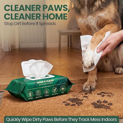 Bark & Clean Dog Wipes for Paws and Butt, 50 Count Large 8.5" x 9" Hypoallergenic Bamboo Pet Wipes Compostable Puppy Wipes with Lavender for Dogs Body Face - Deodorizing Grooming Wipes