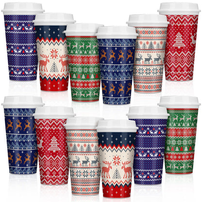 Pickmesh 12 Pack Christmas Coffee Cups Gifts Bulk 16 oz Reusable Coffee Cup Tumblers with Lid Plastic Cups Travel Mug Thank You Gifts for Women Coworkers Holiday Drinks