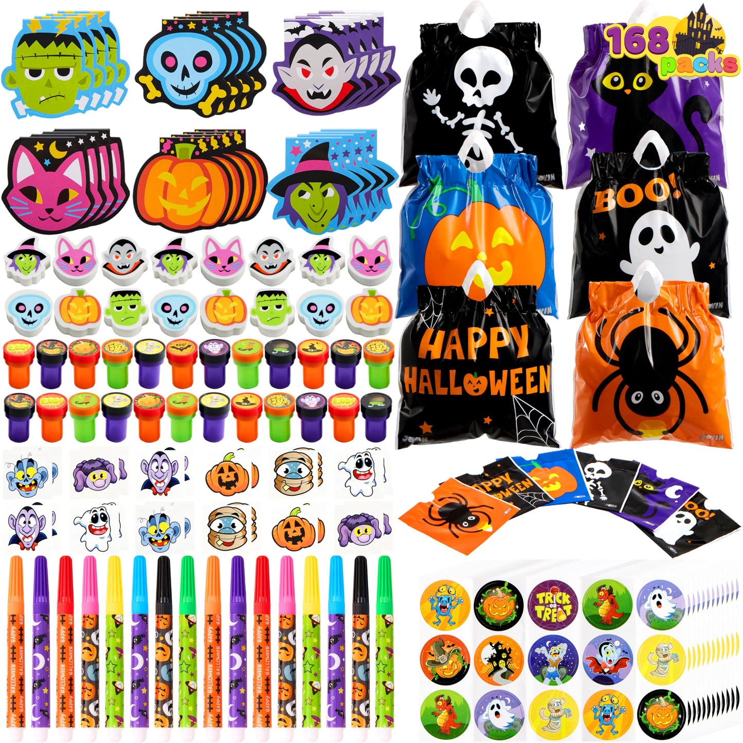 JOYIN 168 Pcs 24 Pack Assorted Halloween Art and Craft Stationery Kids Gift Set Trick or Treat Party Favor Toy Including Halloween Bag, Notepads, Stamps, Pencils, Stickers and Temporary Tattoos