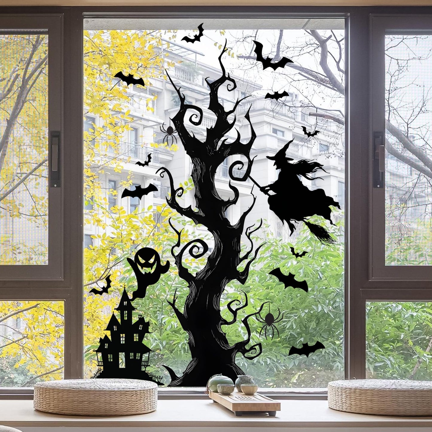 Halloween Wall Decals,Peel and Stick Halloween Theme Decor Stickers,Removable Vinyl Spooky Scary Face Wall Sticker for Holiday Party Decor. (Haunted House Creepy Tree Bats Wall Decals)