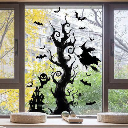 Halloween Wall Decals,Peel and Stick Halloween Theme Decor Stickers,Removable Vinyl Spooky Scary Face Wall Sticker for Holiday Party Decor. (Haunted House Creepy Tree Bats Wall Decals)