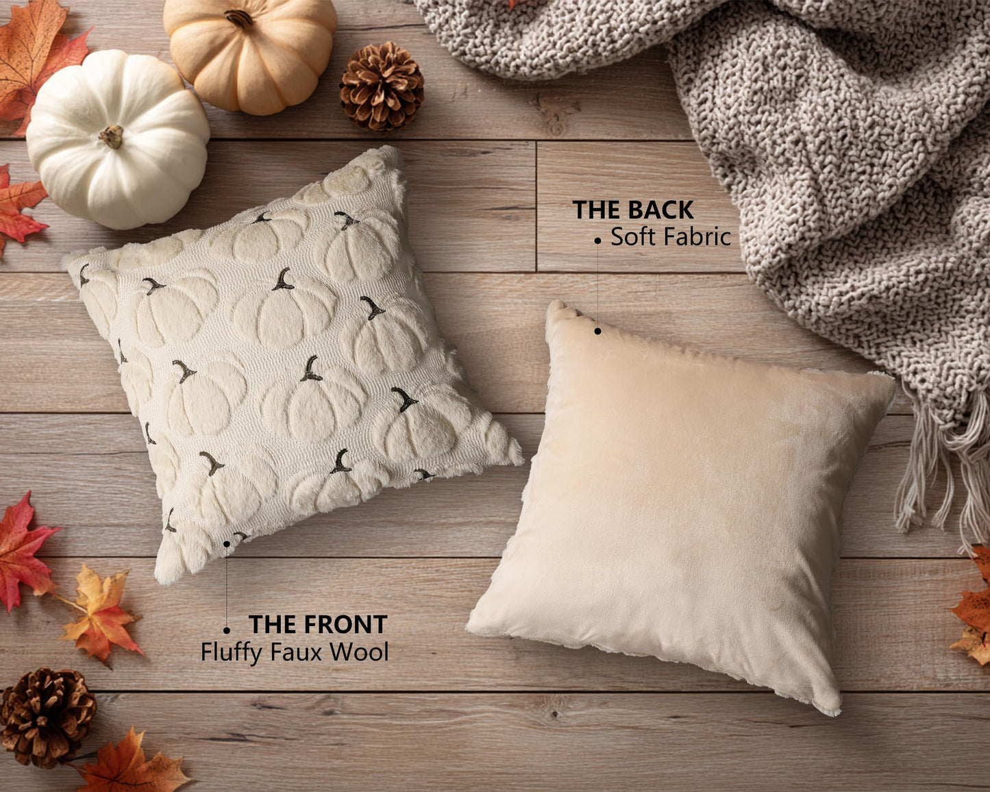 4TH Emotion Fall Pumpkins Decorative Pillow Covers 18"x18" Set of 2, Beige Soft Plush Faux Fur Throw Cushion Cases for Autumn Thanksgiving Holiday Home Decorations