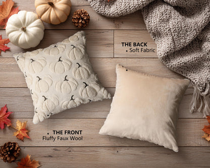 4TH Emotion Fall Pumpkins Decorative Pillow Covers 18"x18" Set of 2, Beige Soft Plush Faux Fur Throw Cushion Cases for Autumn Thanksgiving Holiday Home Decorations
