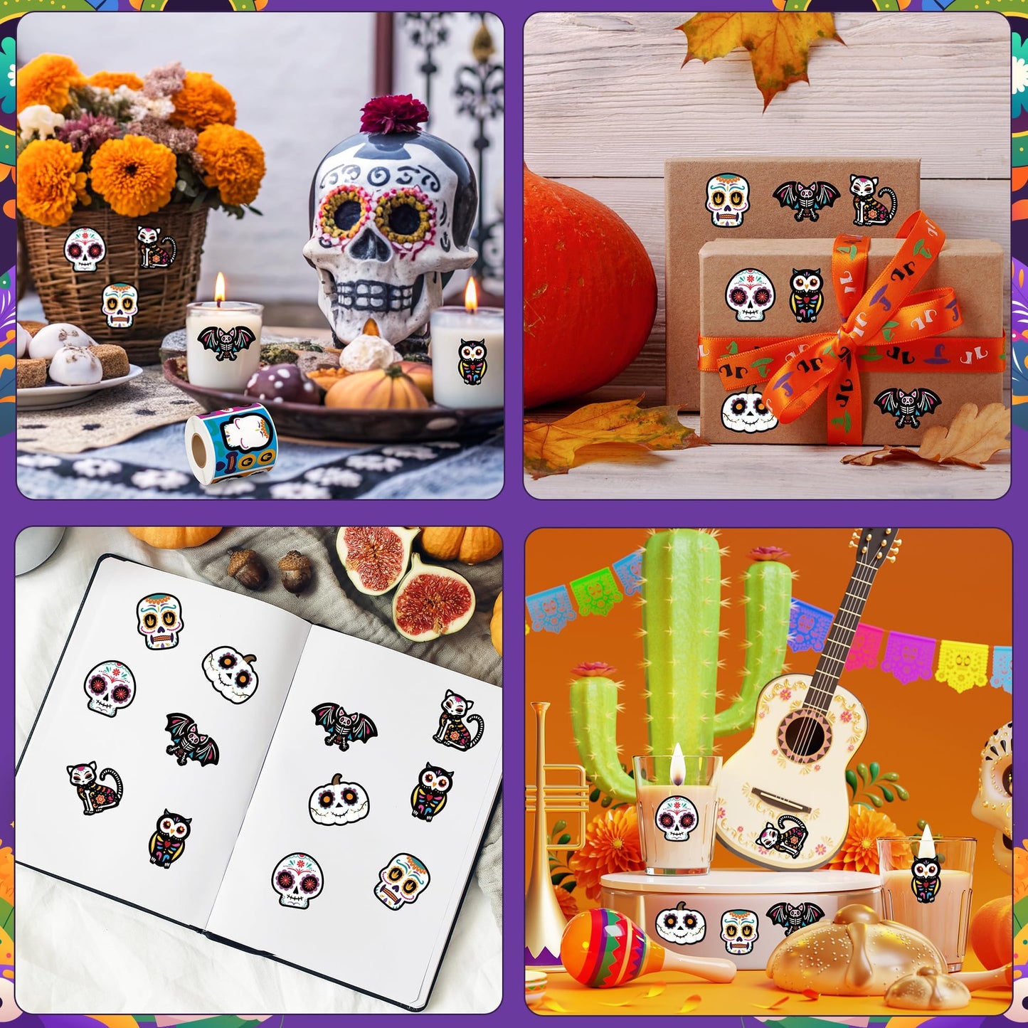 Haooryx Sugar Skull Sticker Rolls - 300Pcs Day of The Dead DIY Stickers