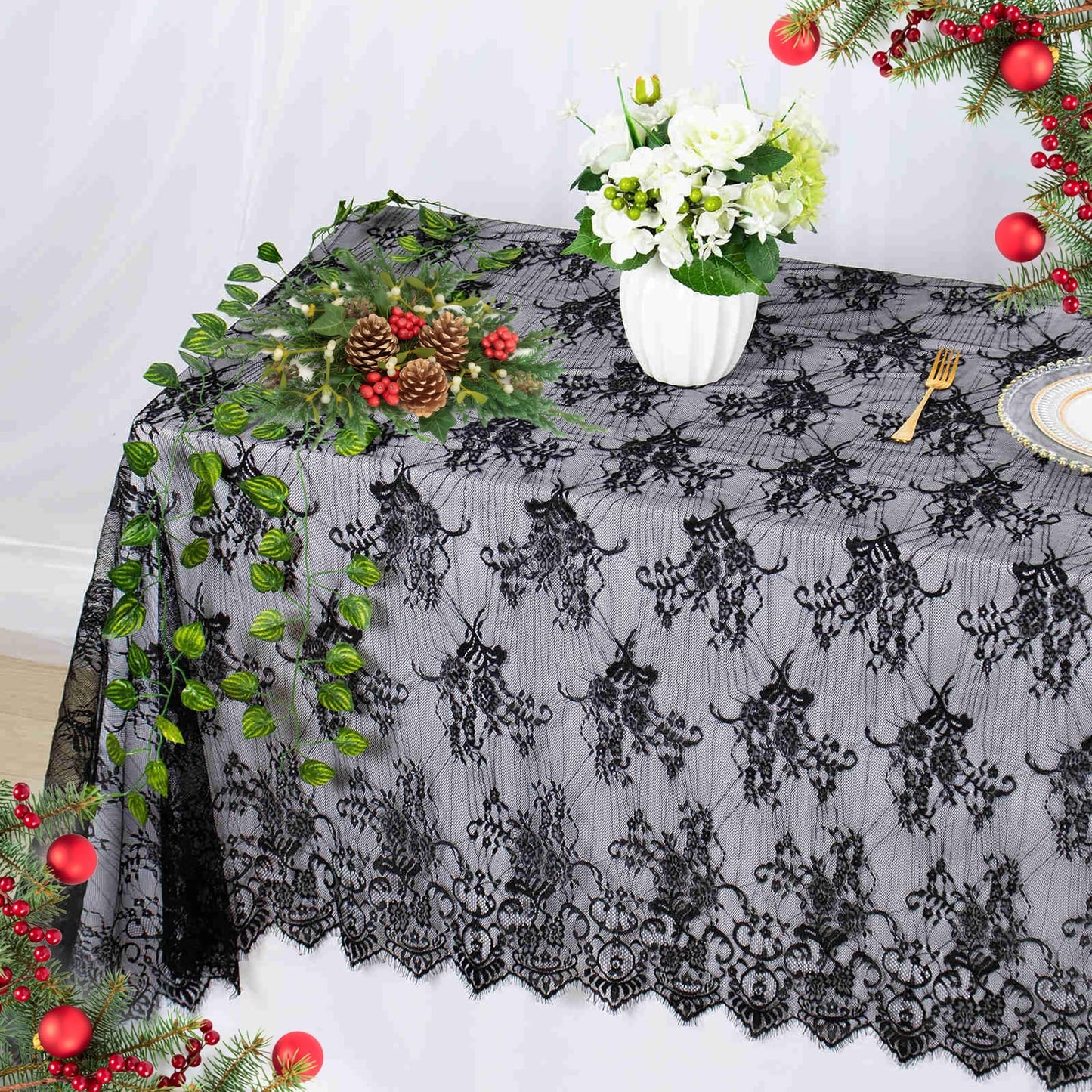 DUOBAO Black Embroidered Lace Tablecloth 60x120 Inch - Wrinkle-Resistant Rectangular Table Cloth for Halloween Weddings, Outdoor Parties & Holiday Dining Decorations