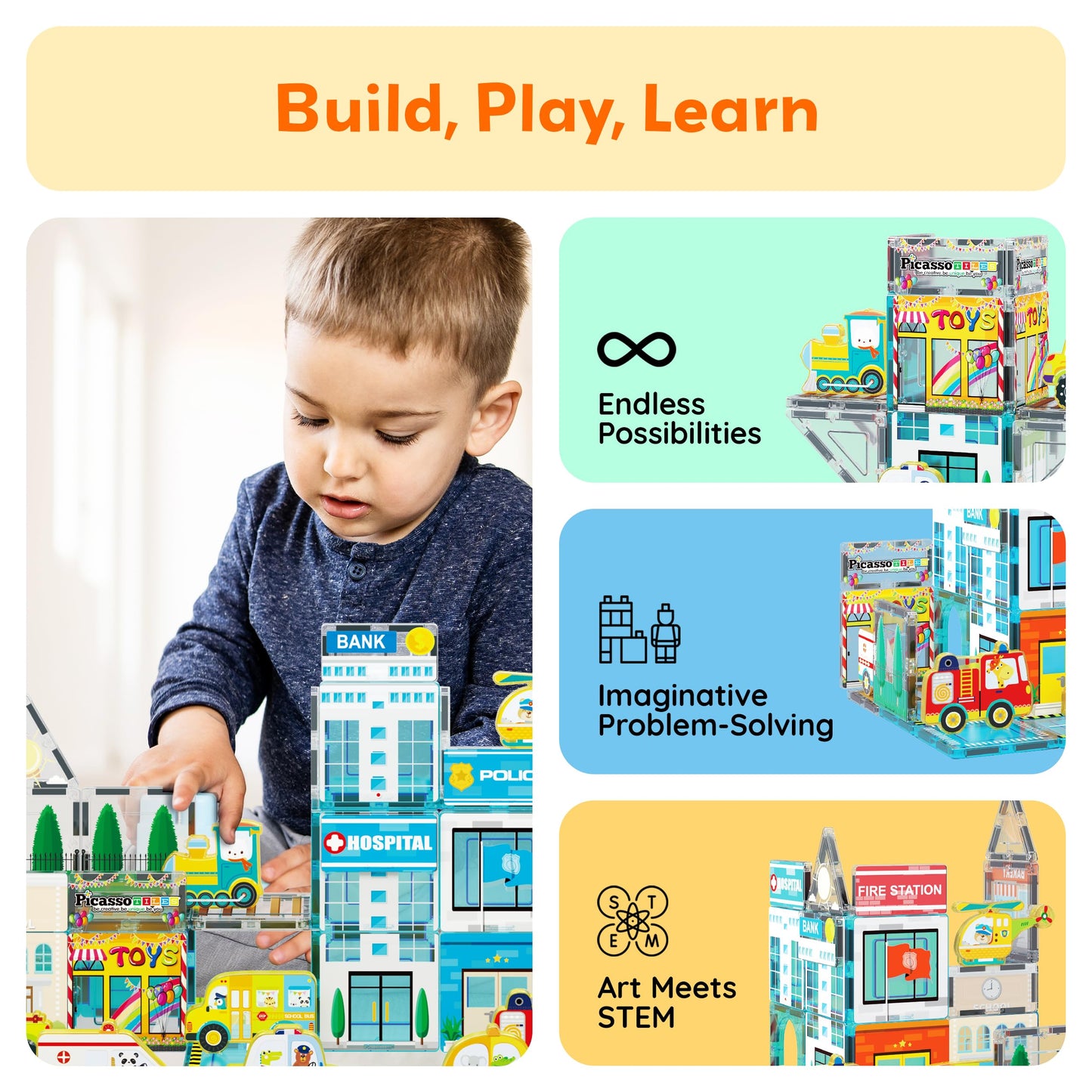 PicassoTiles Metro City Hospital Magnetic Tile Building Set with 8 Vehicles and Figures Educational Magnet Blocks Construction for Kids Age 3 Plus STEM Role Play Town Imagination Learning Toy PTQ14