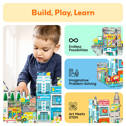 PicassoTiles Metro City Hospital Magnetic Tile Building Set with 8 Vehicles and Figures Educational Magnet Blocks Construction for Kids Age 3 Plus STEM Role Play Town Imagination Learning Toy PTQ14