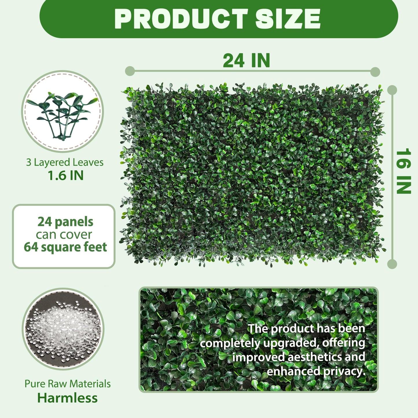 ODTORY Artificial Grass Wall Panels, 24 x 16 in 24P (64 sqft) UV-Resistant Faux Boxwood Vine Privacy Screen, Greenery Fence Cover for Balcony, Backyard, Garden and Indoor Outdoor Home Decor