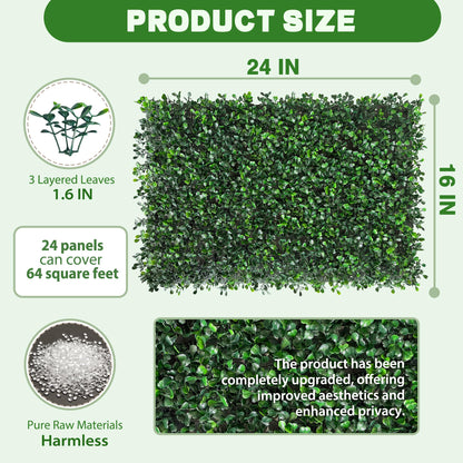 ODTORY Artificial Grass Wall Panels, 24 x 16 in 24P (64 sqft) UV-Resistant Faux Boxwood Vine Privacy Screen, Greenery Fence Cover for Balcony, Backyard, Garden and Indoor Outdoor Home Decor