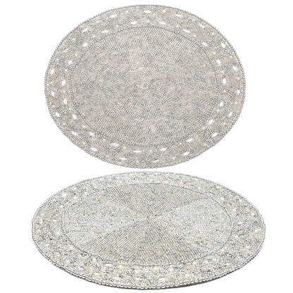13" Round Beaded Placemat - Handcrafted Glass Beads in White Silver - Luxury Dining Table Decor, Wedding & Housewarming Gift, Holiday Use Pack of 1 by ALPHA Living HOME