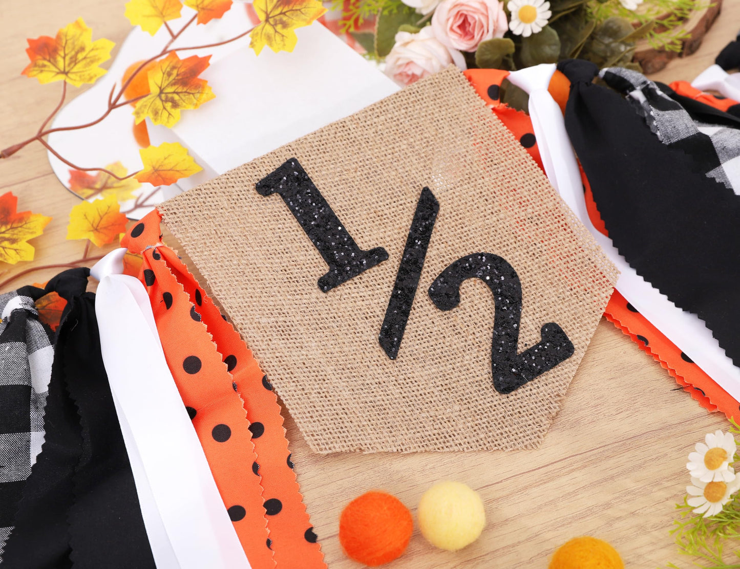 Halloween Half Birthday Highchair Banner - Black Orange Girls Half Birthday Banner, Spooky 1/2 Cake Smash Photo Backdrop, Fall Thanksgiving Day 6 Months Party Supplies