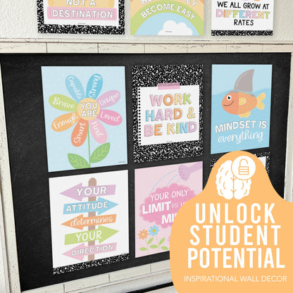Hadley Designs Motivational Poster for Classroom Decor - 9 Growth Mindset Classroom Posters Elementary, Inspirational Wall Decor Middle School, Teacher Must Haves, Pastel Bulletin Board Decorations