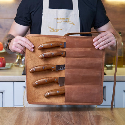 OMBUO Professional's Leather Knife Roll Bag, Leather Knife Roll For Chef, Caramel Brown