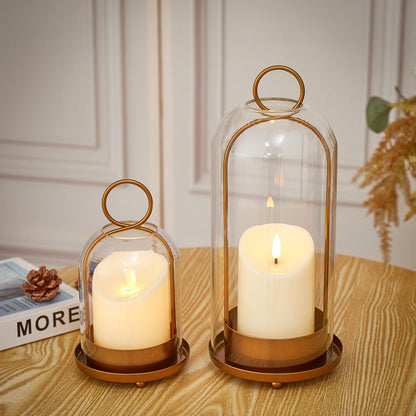 Gdfmsc Hurricane Metal & Glass Candle Holder Set of 2 with Timer Candles, Decorative Candlestick Pillar Holder with Clear Glass for Wedding Party Holiday Dining Table Centerpiece Lanter, Gold