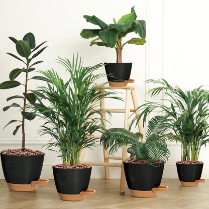 5-Pack Plant Pots with Drainage 7/6.5/6/5.5/5 Inch Self Watering Pots for Indoor Outdoor Plants, Plastic Flower Pots with Drainage Holes and Removable Saucers, Plant Pots with Wicking Rope (Black)